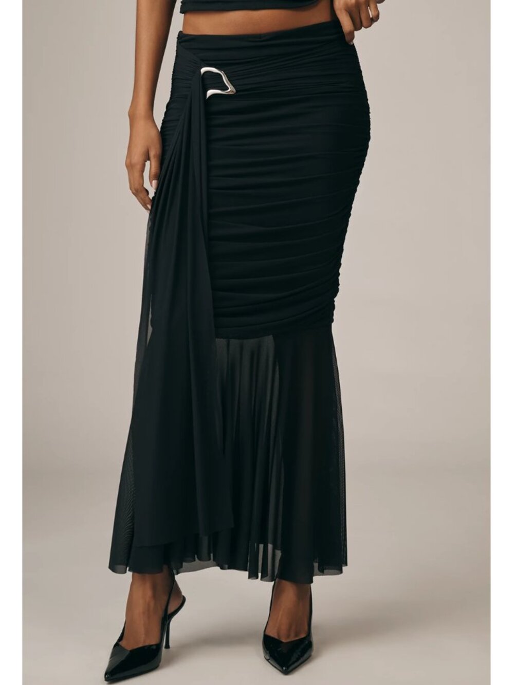 By Anthropologie Ruched Sash Mermaid Maxi Long Peekaboo Skirt Black S